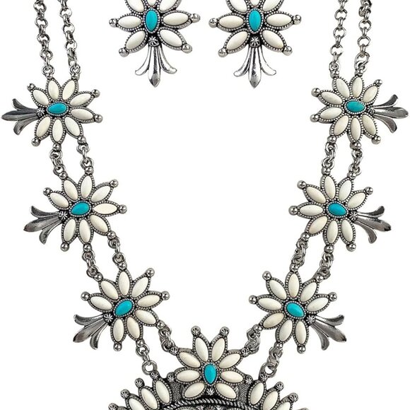 Western Jewelry Set Women Turquoise Cowgirl Necklace Earrings Boho Style - Picture 1 of 7